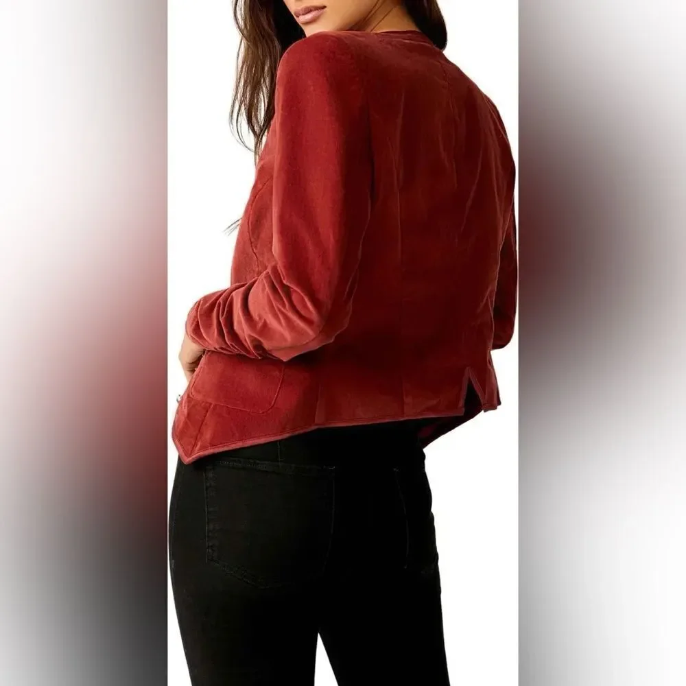 Free People Becky Stretch Velvet Jacket Red L